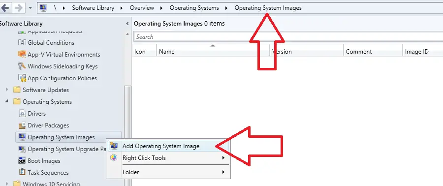 add operating system image within configmgr console