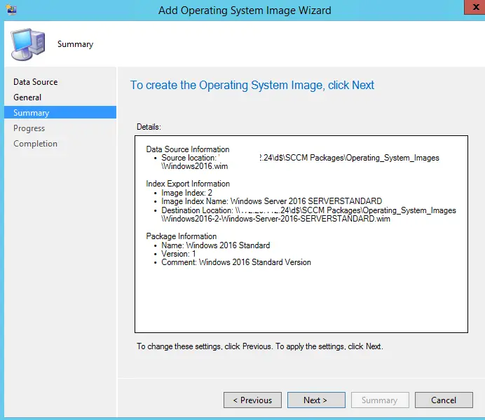 confirm operating system image settings