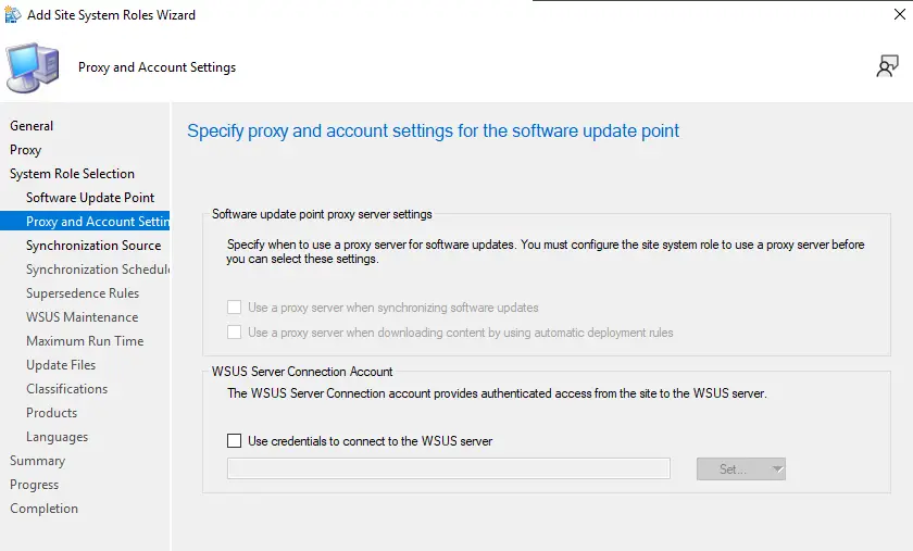 enter account settings for the software update point