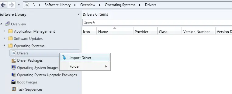 import driver in sccm console