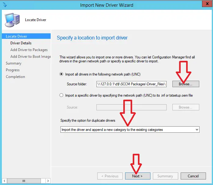 specifify a location to import driver