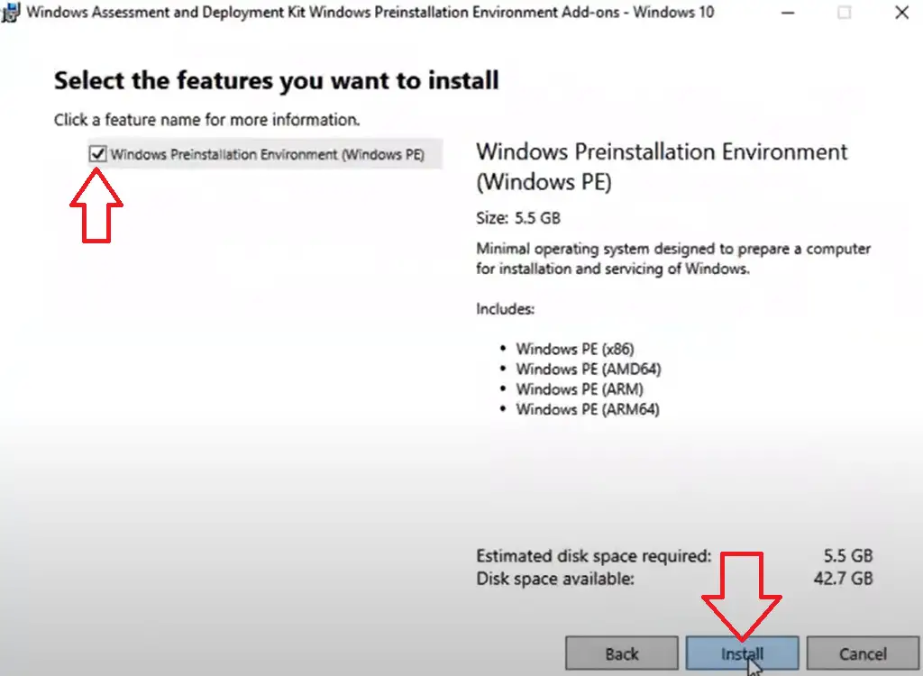 select features to install winpe