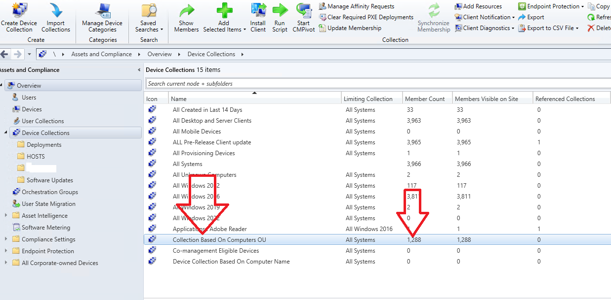 sccm device collection with members from active directory ou